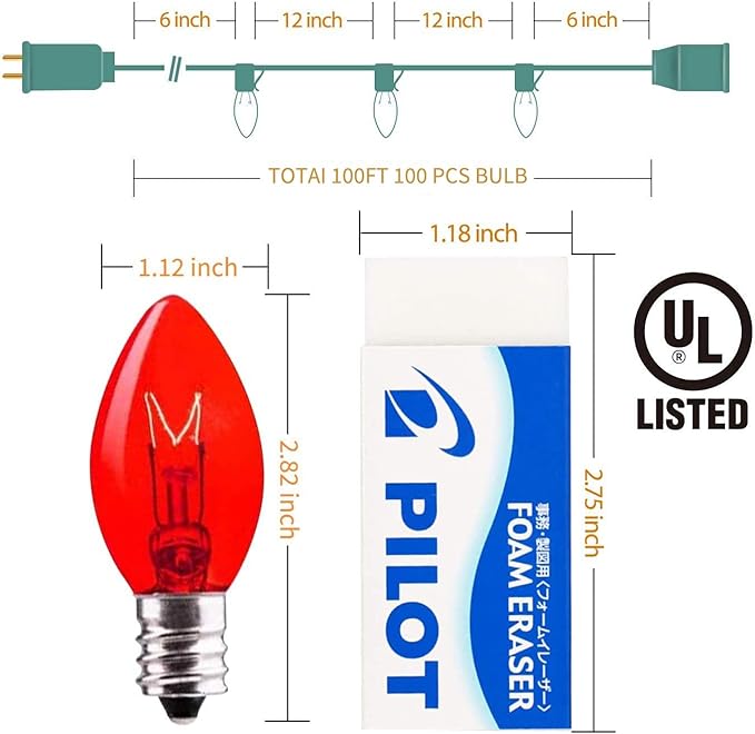C9 Bulb String Lights Outdoor 100 Feet Multicolored Christmas Lights Green Wire for Outdoor Patio Room Christmas Tree Party Backyard Xmas Decoration, E17 Base, 100+4 Bulbs, Not Connectable
