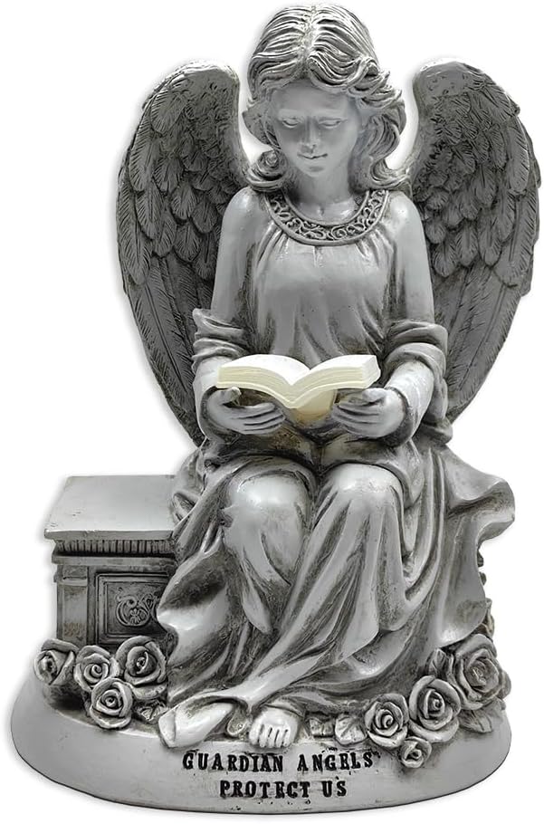 Spring & Summer-Themed Garden Statues – Adorable Outdoor Decor for Lawn, Patio & Porch (Guardian Angel Reading Book Garden Statue, 10" Solar Powered Angelic Outdoor Figurine)