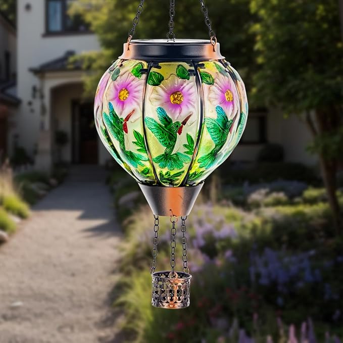 DREAMSOUL 2PCS Hummingbird Hot Air Balloon Solar Lantern, Hanging Glass Solar Lanterns Outdoor Waterproof for Garden Tree