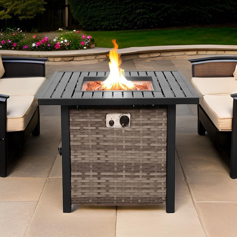 Basel Propane Fire Pit Table 30” Outdoor Firepit 50,000 BTU Firepits for Outside with Lava Rocks and Removable Lid Metal Fire Pit Outdoor Fireplace Propane Fire Pits for Outside CSA Certified