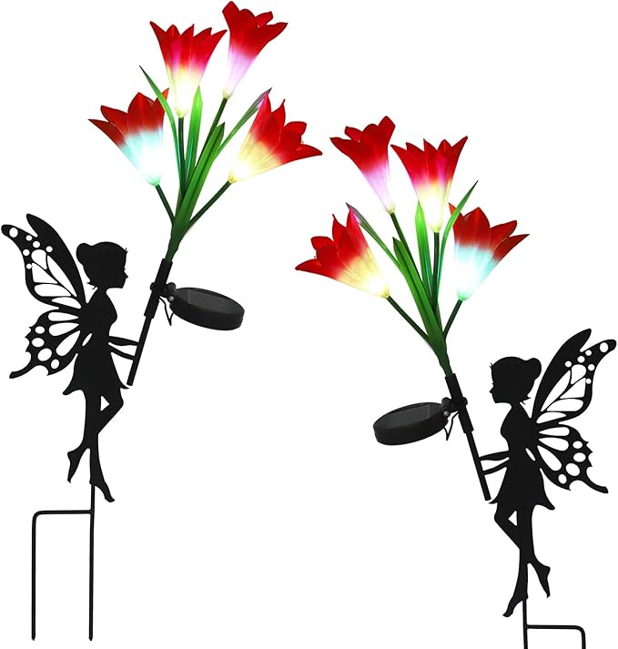 2 Pack Solar Lights Outdoor Waterproof, Outdoor Fairy Solar Lights for Yard with Flower Lights, Color Changing Solar Garden Lights, Solar Fairy Garden Decor for Patio, Lily Flower Light Gifts for Mom