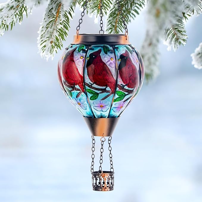 DREAMSOUL 2PCS Cardinal Hot Air Balloon Solar Lantern, Hanging Glass Solar Lanterns Outdoor Waterproof for Yard Party Gift