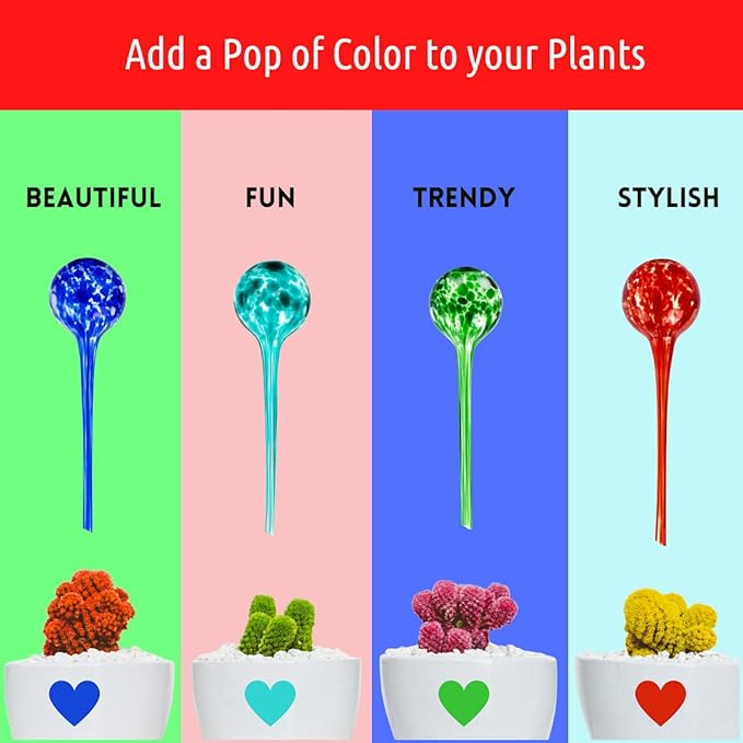 LGL Plant Watering Globes - Automatic Self Watering Globes. Decorative Self Watering Planter Inserts Made From Hand-Blown Durable Glass. Self Watering Spikes to Support Plant Health. 4 Pack, Jumbo.