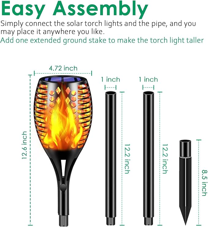 TomCare Solar Lights Upgraded, 43" Waterproof Flickering Flames 96 LED Torches Lights Outdoor Solar Landscape Decoration Lighting Dusk to Dawn Auto On/Off Pathway Lights for Garden Patio Driveway (4)