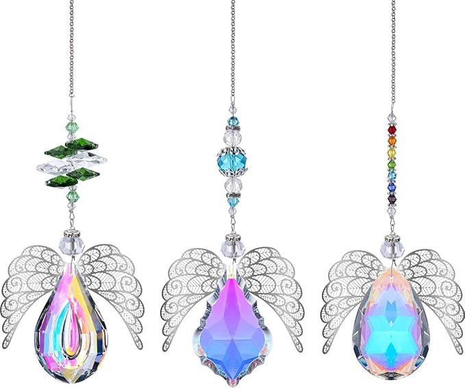 H&D HYALINE & DORA Metal Angel Wing Pendant with Rainbow Crystal Prisms Suncatcher Window Home Christmas Hanging Decor,Set 3pcs