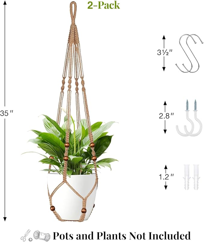 Jute Macrame Plant Hanger Indoor Set of 2 Hanging Planter Basket Flower Pot Holder with Decorative Wood Beads & No Tassels for Indoor Outdoor Boho Home Decor, 35 Inch Brown (Pots Not Included)