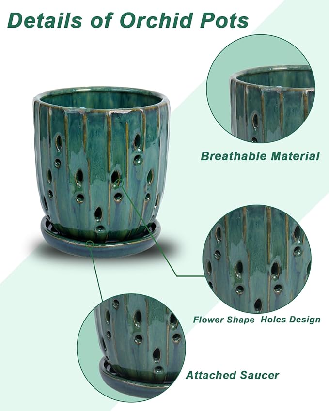 vensovo 6 Inch Ceramic Orchid Pot - Orchid Pot with Holes for Repotting, Ceramic Planter with Saucer for Indoor/Outdoor Plants, Green