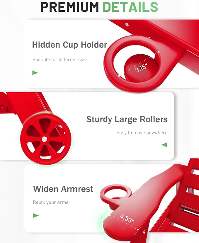 Chaise Lounge Chair Outdoor with Wheels, 6-Position Adjustable HDPE Chaise Lounge Chair with Cup Holder, Outdoor Chair for Pool Poolside Deck Backyard Patio, Red