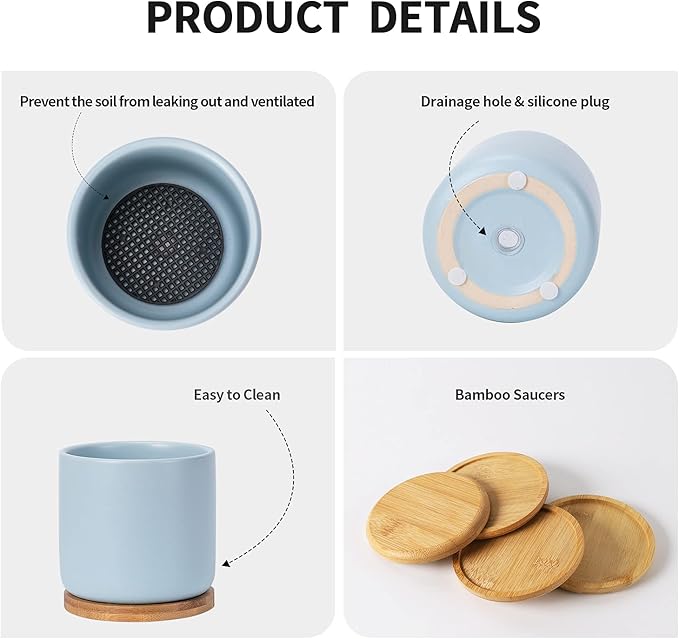 OMAYKEY Succulent Pots, 4 Inch Ceramic Planter Plant Pot with Tray, Drainage Hole & Mesh Pad for Indoor Flowers, Cactus, Herbs, Aloes - Cool Multicolor, Set of 4 (Plant Not Included)