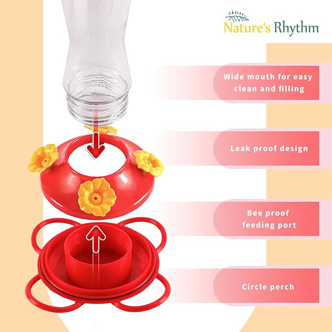 Nature's Rhythm Bird Feeder 4 bee Guard Plastic Yellow Flowers Feeding Port 8oz Glass Pinch Waist Hummingbird Feeder (1Pcs)
