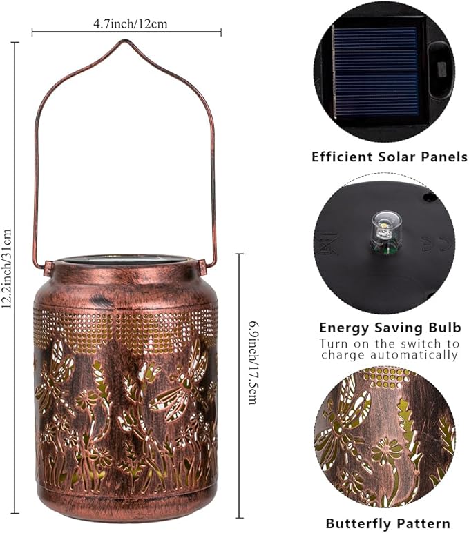 2 Pack Dragonfly Solar Lanterns Outdoor Waterproof 6.9" Metal Hanging Solar Lights Outdoor LED Light Dragonfly Decorative Lantern for Patio,Porch,Yard,Garden Decor,Birthday Gifts for Women Mom