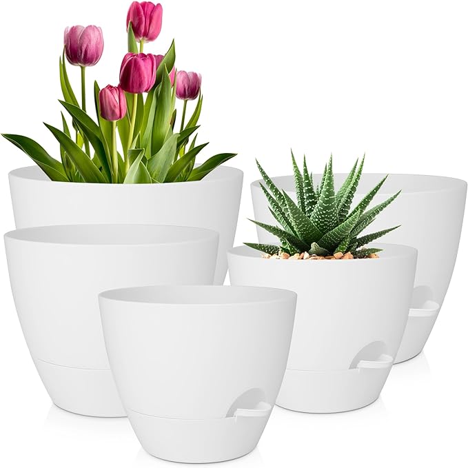 Plant Pots 10/9/8/7.5/7 Inch Self Watering Pots, Set of 5 Plastic Planters with Drainage Holes and Saucers,Plastic Flower Pots,Nursery Planting Pot for Indoor Out Door Plants(Pure White)