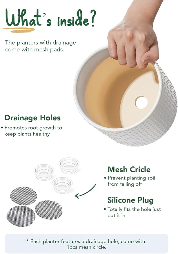 LE TAUCI 6+8+10 Inch Plant Pots Indoor, Ceramic Planter Pots for Plants, Raised Dots Flower Pots Indoor for Home and Office, Mid-Modern Century Pots Indoor with Drainage Hole and Silicone Plug, White