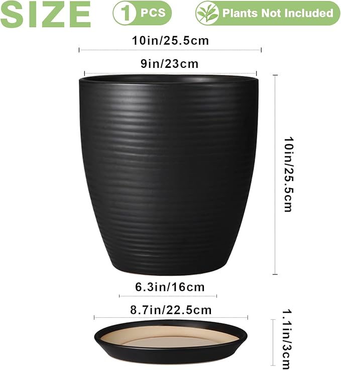 Ceramic Plant Pot 10 Inch - Large Planter Pots for Plants Indoor Outdoor Glazed Round Flower Pot with Drainage Hole and Saucer Black