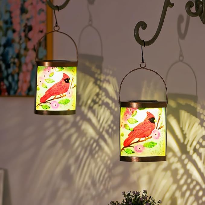 Starsoul 2 Pack Hanging Solar Lantern Outdoor Waterproof Glass Red Cardinal Decorative Solar Lights for Outside Garden Yard Table Patio Decor Cardinal Gifts
