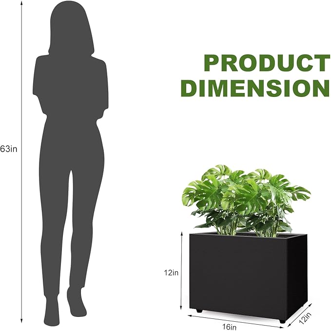 Planter Box Rectangular Block - 16×12×12IN Galvanized Steel Metal Long Box Planter Easy Installation Modern Outdoor Tall Planters All-Weather Use with Drainage Holes for Patio/Porch(Black)