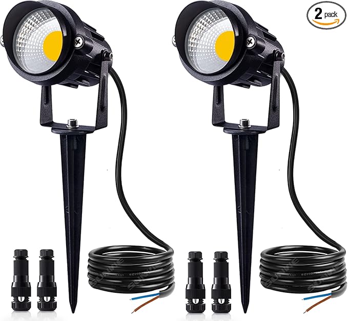 SUNVIE 12W LED Low Voltage Landscape Lights, Outdoor 12V 3000K Warm White (900LM) Waterproof Garden Pathway Lights Wall Tree Flag Spotlights with Spike Stand, 2 Pack with Connector