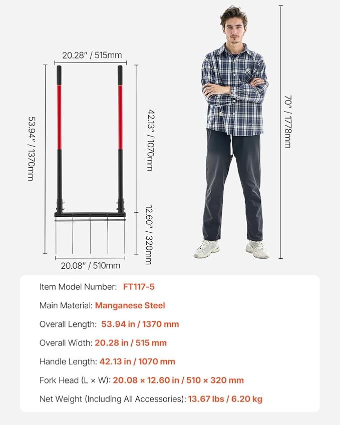 VEVOR Broad Fork, 5-Tine Pitchfork with Dual Fiberglass Handles, Heavy Duty Garden Fork, Ergonomic U-Shaped Design Broadfork Hand Tiller, Gardening Tool for Composting Transplanting Aeration