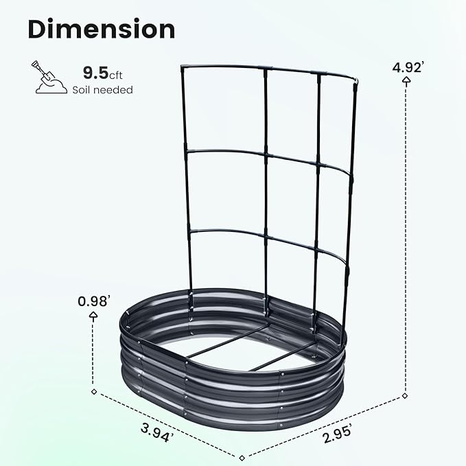 KING BIRD Raised Garden Bed with Wall Trellis Galvanized Planter Garden Box Outdoor for Gardening, Climbing Vegetables, Flowers 3.94x2.95x0.98 Ft, Dark Grey