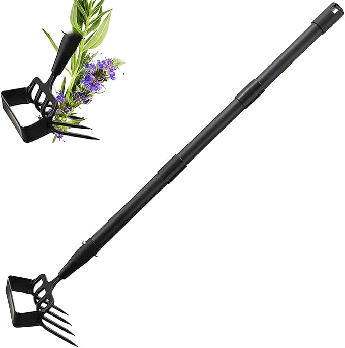 INFLATION Stirrup Hand Hula Hoe Heavy Duty Metal Gardening Weed Puller Tool 4 Tines Prong 2-in-1 Herb Stripper Yard Rake for Women Kids Men Garden Grandpas Weeder 32-62 inch Long Adjustable Handle