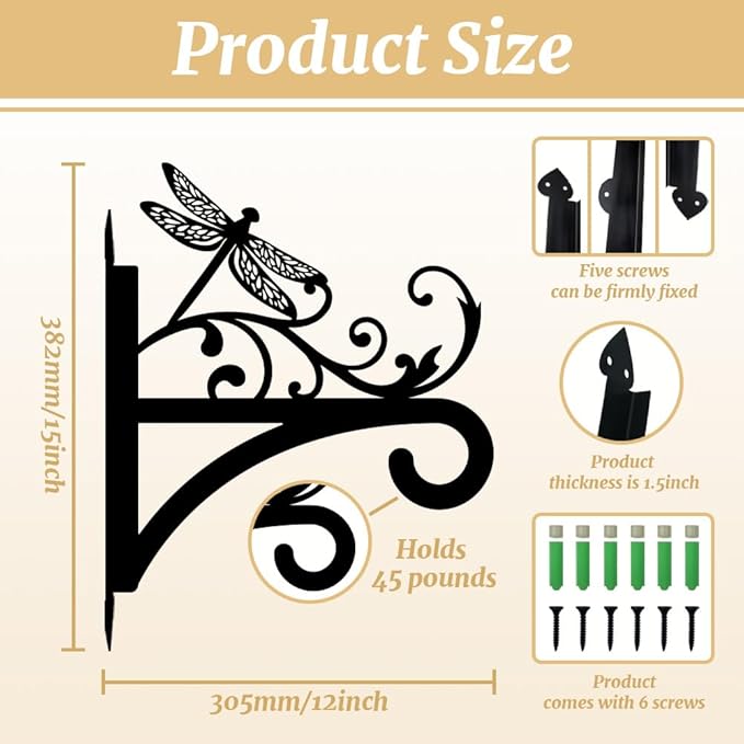 peacoblue Iron Plant Hangers Hooks for Outdoor Indoor Hanging Plants Flower Fern Pots Lantern Bird Feeder, 12"x15" Weather Resistant Metal Wall Holder for Porch Garden Farmhouse(Vintage Dragonfly)