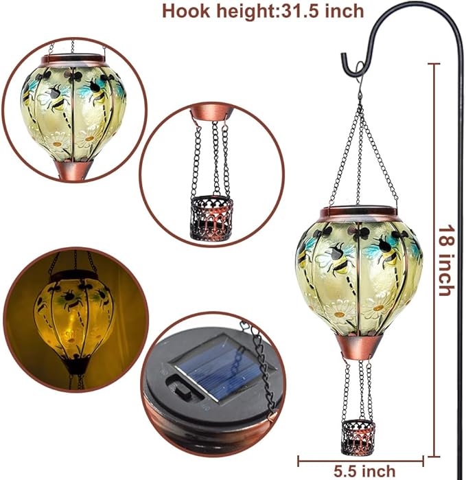 2PCS Solar Hot Air Balloon Lanterns with Flame with Shepherd's Hooks, Glass Hanging Flickering Lights Outdoor Waterproof for Garden Tree Yard Patio Mother's Day Gift, 18" H Bee