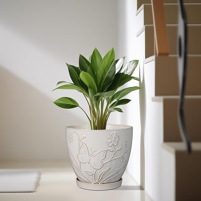 10 Inch Plant Pot Ceramic Planter Pot with Drainage Hole and Saucer Round Planter Large Flower Pot for Indoor Outdoor Plants Home Garden Decor White