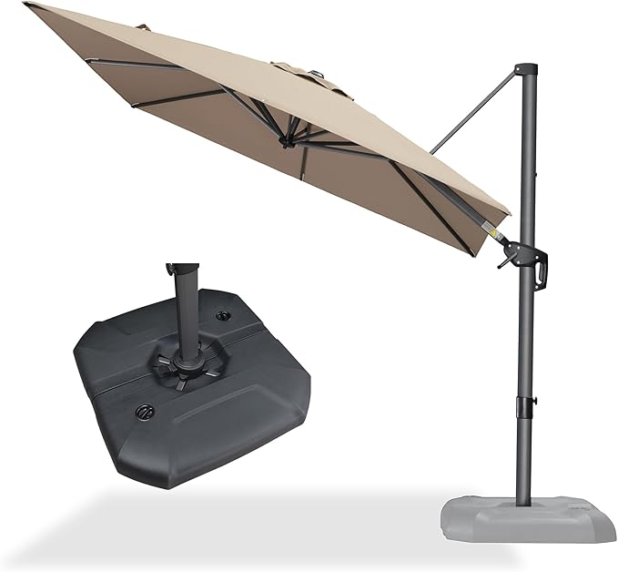 PURPLE LEAF 8 Feet Outdoor Square Cantilever Umbrella Patio Umbrella with Base Aluminum Offset Umbrella with 360-degree Rotation for Garden Deck Pool Patio Taupe