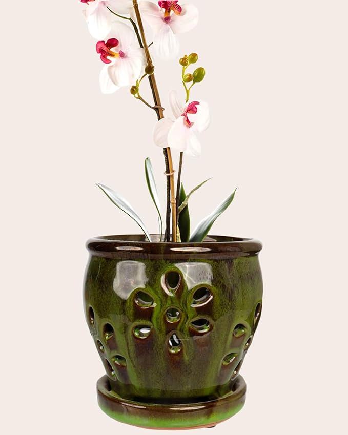 vensovo 5 Inch Ceramic Orchid Pots with Holes and Saucers - 1 Pcs Small Succulent Pot for Repotting, Garden Flowerpots for Plants Indoor and Outdoor Promotes Air Circulation, Yellow Mixed Brown