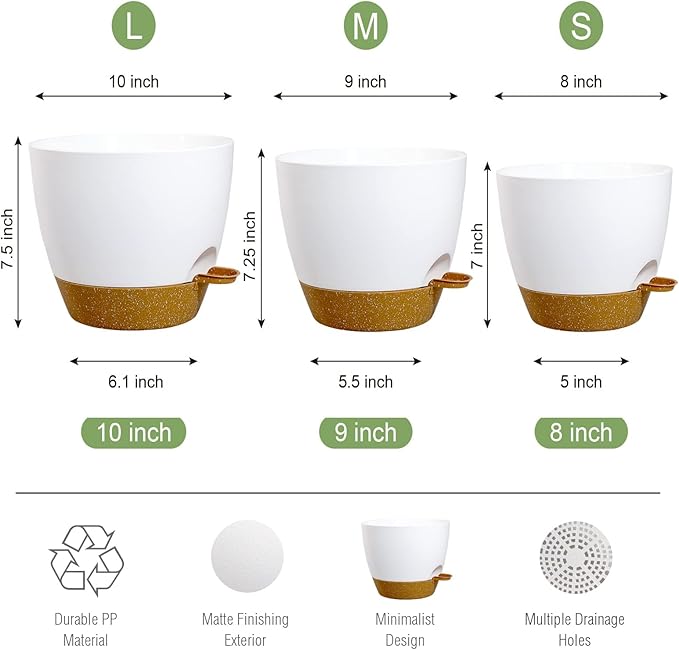 10/9/8 inch Self Watering Pots, Set of 3 Plastic Planters with Mesh Drainage Holes and Deep Reservoir for Indoor Outdoor Garden Plants and Flowers, White with Brown