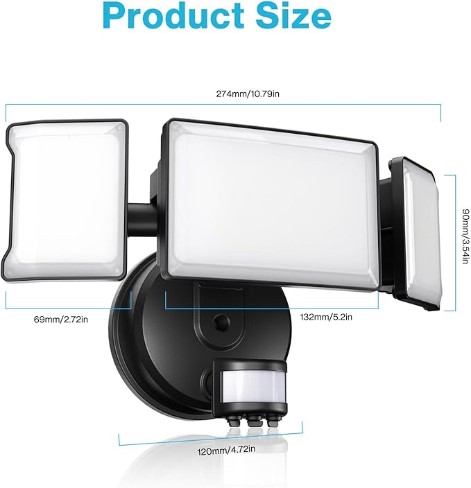 Olafus 65W Motion Sensor Outdoor Light, 2 Pack LED Security Light 6000LM, 6500K Exterior Motion Flood Light with 3 Adjustable Heads, for Outside Garage, Yard, Patio, IP65 Waterproof, Black