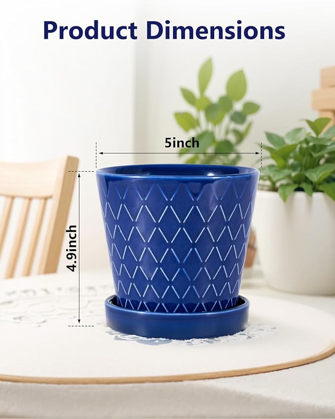 Ceramic Plant Pots –5 inch Indoor Flower Pot with Drainage Hole and Ceramic Tray - Gardening Home Desktop Office Windowsill Decoration Gift, Set of 4-Plants NOT Included(Blue)