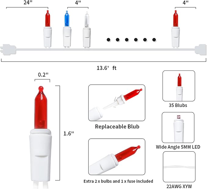 Red White and Blue LED Christmas Lights - 35 Count 4th of July String Lights for Small Tree, Crafts, Independence Day Patriotic Decorations, 11 Feet White Wire, UL Certified, Connectable