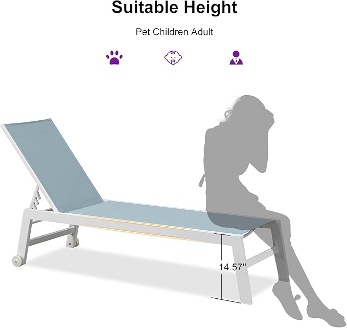 PURPLE LEAF Lounge Chair Outdoor Set of 4 White Aluminum Lounge Chairs with Wheels and Table Outdoor Chaise Lounge for Patio Pool Yard, Steel Blue