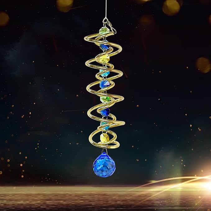 FONMY Gazing Ball Spiral Tail -Decorative Wind Spinner Sun Catcher Rainbow Maker Golden Double-Spiral W/Sea Blue Crystal Ball and Chain Crystals Beads for Indoor Outdoor Garden Decoration -14 inch H