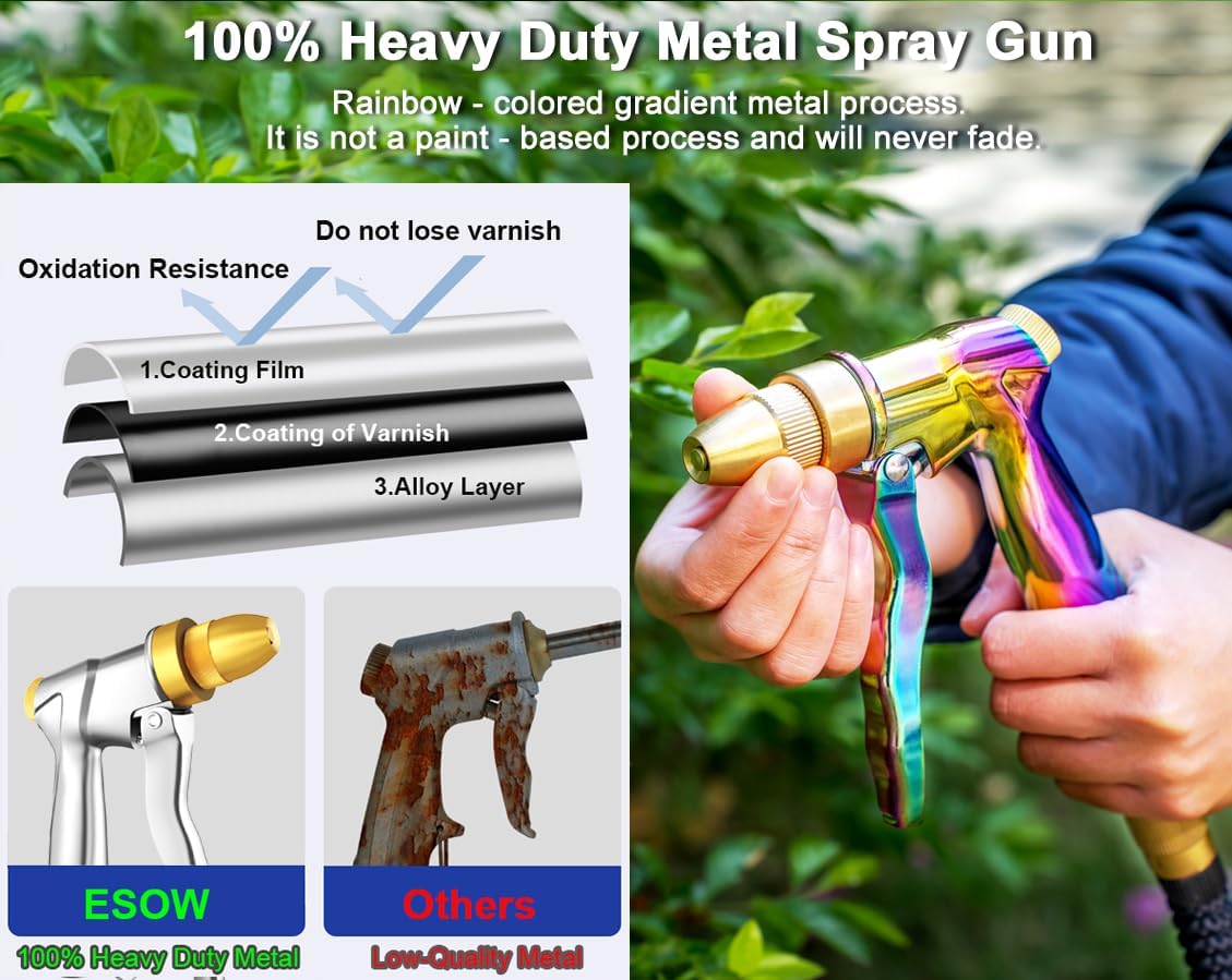 ESOW Heavy Duty Metal Garden Hose Nozzle, High Pressure Water Hose Nozzle with 4 Spray Patterns Rotating, Ideal for Outdoor Lawn & Garden Watering, Car & Pet Washing, Rainbow