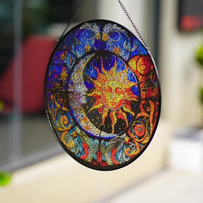 Stained Glass Suncatcher,Sun and Moon Artistic Window Hanging,7.8” Hand-Painted Glass Panel Wall Home Decor,Gift for Women Garden Decor Suncatcher (Sun and Moon), BL009