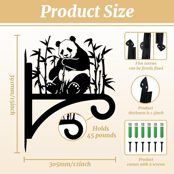 Peacoblue Iron Plant Hangers Holder for Outdoor Indoor Hanging Plants Flower Fern Pots Lantern Bird Feeder Wind Chimes, 12”x14” Weather Resistant Metal Wall Bracket Hooks for Porch Garden House(Panda)