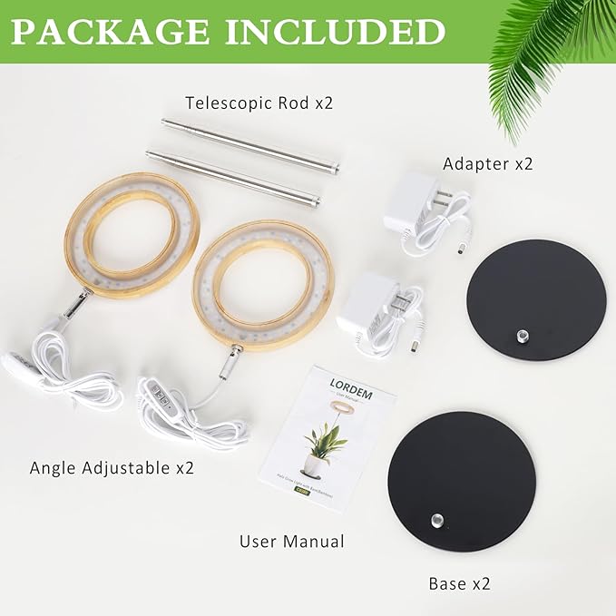 LORDEM Bamboo Grow Light for Indoor Plants, Full Spectrum Plant Light for Indoor Growing, Desk LED Grow Lamp with Auto On/Off Timer for 4H/8H/12H, 4 Dimmable Levels, Height Adjustable, 2 Pack