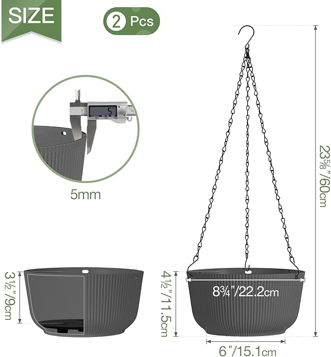 T4U 8 Inch Hanging Planters for Indoor Outdoor Plants, Self Watering Hanging Pot Pack of 2, Hanging Pots with Drainage Hole & Plug & Chain with 3 Hooks for Garden Home Decor, Grey