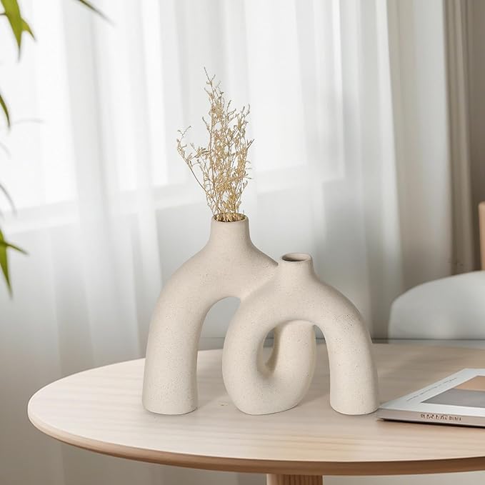 CEMABT Modern Nordic Boho Vase Set - Elegant Beige Matte Ceramic Home Decor for Living Room, Bookshelf, Mantel, Entryway Table & Console Décor | Shelf Decorations Gift