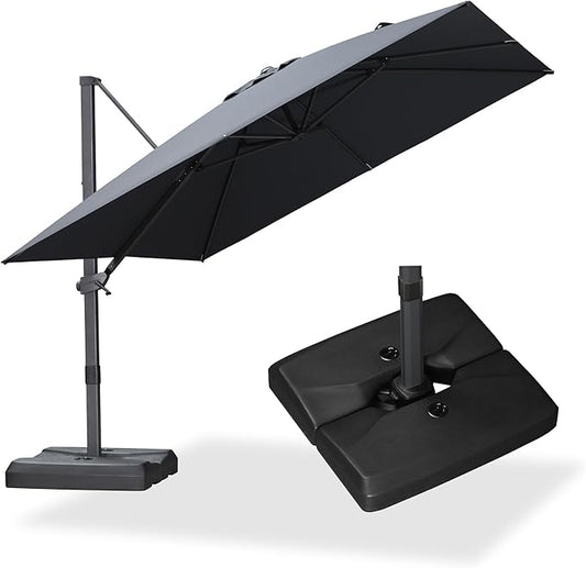 PURPLE LEAF 10' × 10' Patio Cantilever Umbrella with Base Outdoor Square Adjustable Offset Umbrellas with 360-degree Rotation and 8 Heavy Duty Metal Ribs for Garden Deck Pool Grey