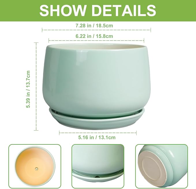 G EPGardening Ceramic Plant Pots - 7 Inch Planter for Indoor Outdoor Plants, Ceramic Planter with Drainage and Saucer, Round Modern Flower Pots, House Decor, Gift for Men Women, Green