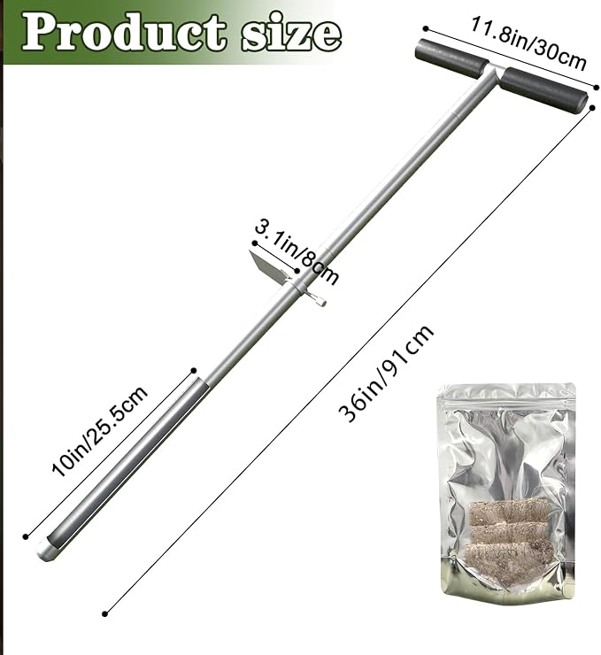36" Soil Sample Probe Stainless Steel T-Style Handle Sampling Soil Probe Soil Sample Test Tool Kits with Foot Pedal and Reusable Sample Bags for Farm/Agriculture/Garden/Lawn/Golf Course