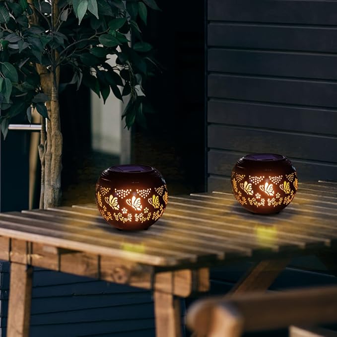 VEWOGARDEN 2 Pack Solar Lanterns Outdoor Waterproof Solar Lantern Hollow Out Metal Butterfly Lantern Solar Lights for Patio Garden Table Decor