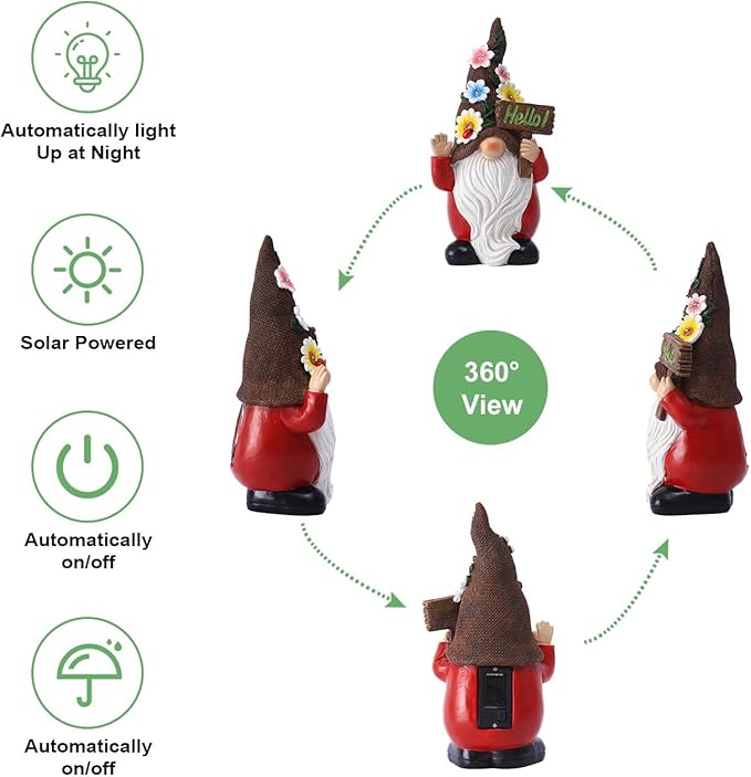 Solar Gnome Garden Statue for Decor: Outdoor Figurines Sculpture with Lights and Hello Sign for Lawn Patio Yard Balcony - for Mother Women