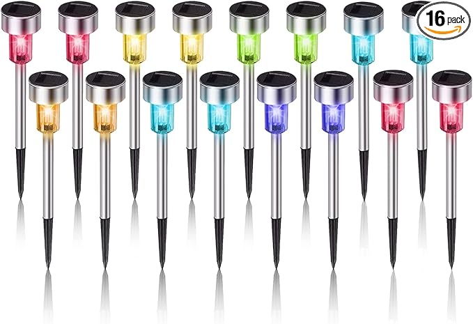 Solar Lights Outdoor Waterproof, Stainless Steel LED Landscape Lighting Outdoor Solar Lights for Outside Solar Garden Lights for Pathway, Walkway, Patio, Yard, Lawn - 16 Pack ( Multicolor )