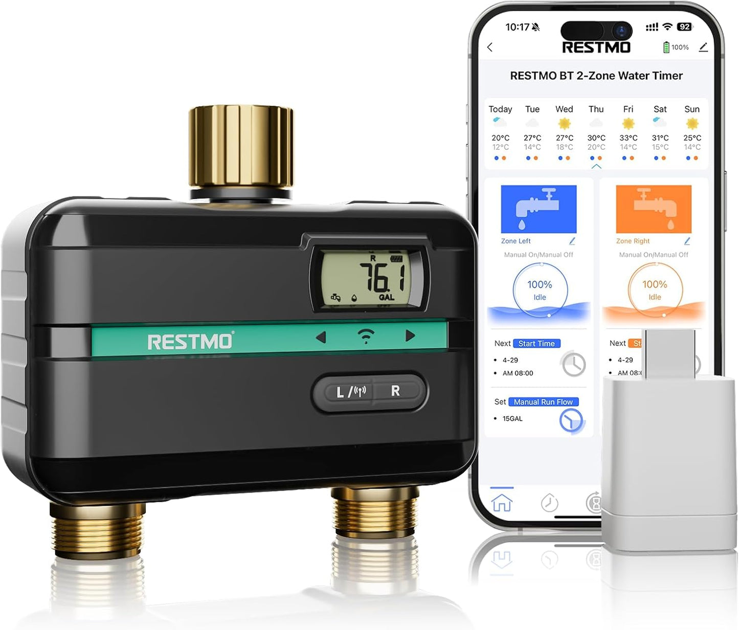 RESTMO Smart Sprinkler Timer with Flow Meter, 2 Zone Water Timer for Garden Hose, Brass Inlet & Outlet, Automatic Lawn & Yard Irrigation Watering System, APP Remote Control (2.4Ghz WiFi Connection)