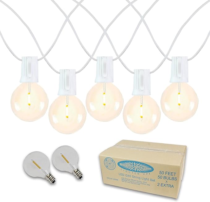 Novelty Lights 50 Feet G40 LED Patio String Lights with 50 Bulbs, Warm White, Weather Resistant and Shatterproof Replaceable Plastic Globe Bulbs, White Wire