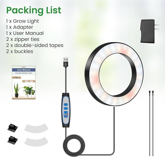 Wiaxulay 6.3” Grow Lights for Indoor Plants, 84 LED Full Spectrum Halo Plant Grow Light, 5V/3A Under Cabinet Growing Lamp with 6/12/16 Hrs, 3 Lighting Mode, 5 Dimmable Levels, Ideal for Indoor Plants